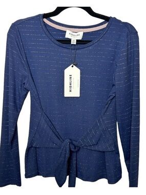 Highline Collective Tie Front Long Sleeve Metallic Stripe Top Medium Blue NWT